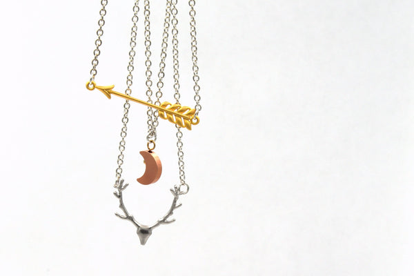 Artemis Layered Necklace with Arrow, Moon and Deer Skull Charms (Silver, Rose Gold and Gold Mixed Metals, Greek Mythology Jewelry) fripparie