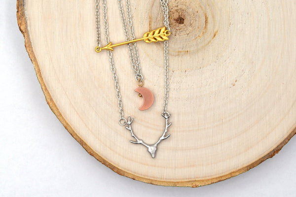Artemis Layered Necklace with Arrow, Moon and Deer Skull Charms (Silver, Rose Gold and Gold Mixed Metals, Greek Mythology Jewelry) fripparie