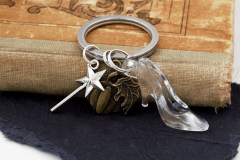 Cinderella Glass Slipper Keychain with Magic Wand & Pumpkin Charms (Fairy Tale Keychain) fripparie