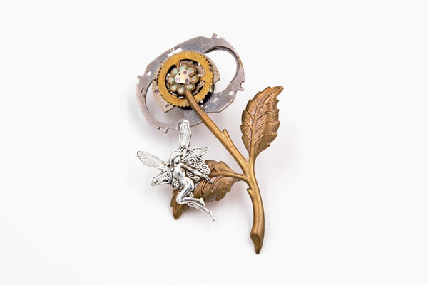 Fairy and Flower Steampunk Brooch Pin (Brass, Steampunk Jewelry) fripparie