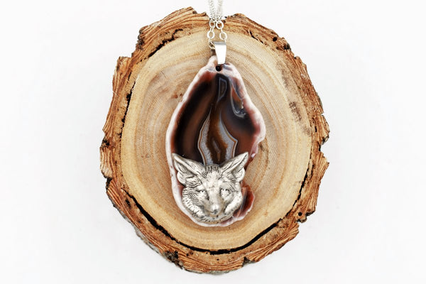 Fox Agate Slice Necklace (Dyed Brown, Nature Animal Jewelry) fripparie