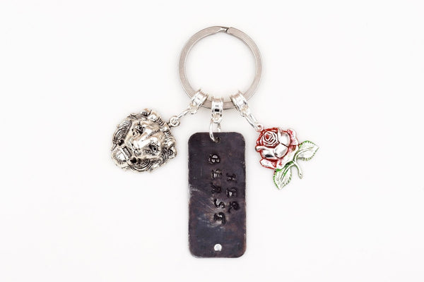His Beauty Her Beast Beauty & the Beast Couples Keychains (Hand Stamped, Silver Plated, Fairy Tale Keychain) fripparie