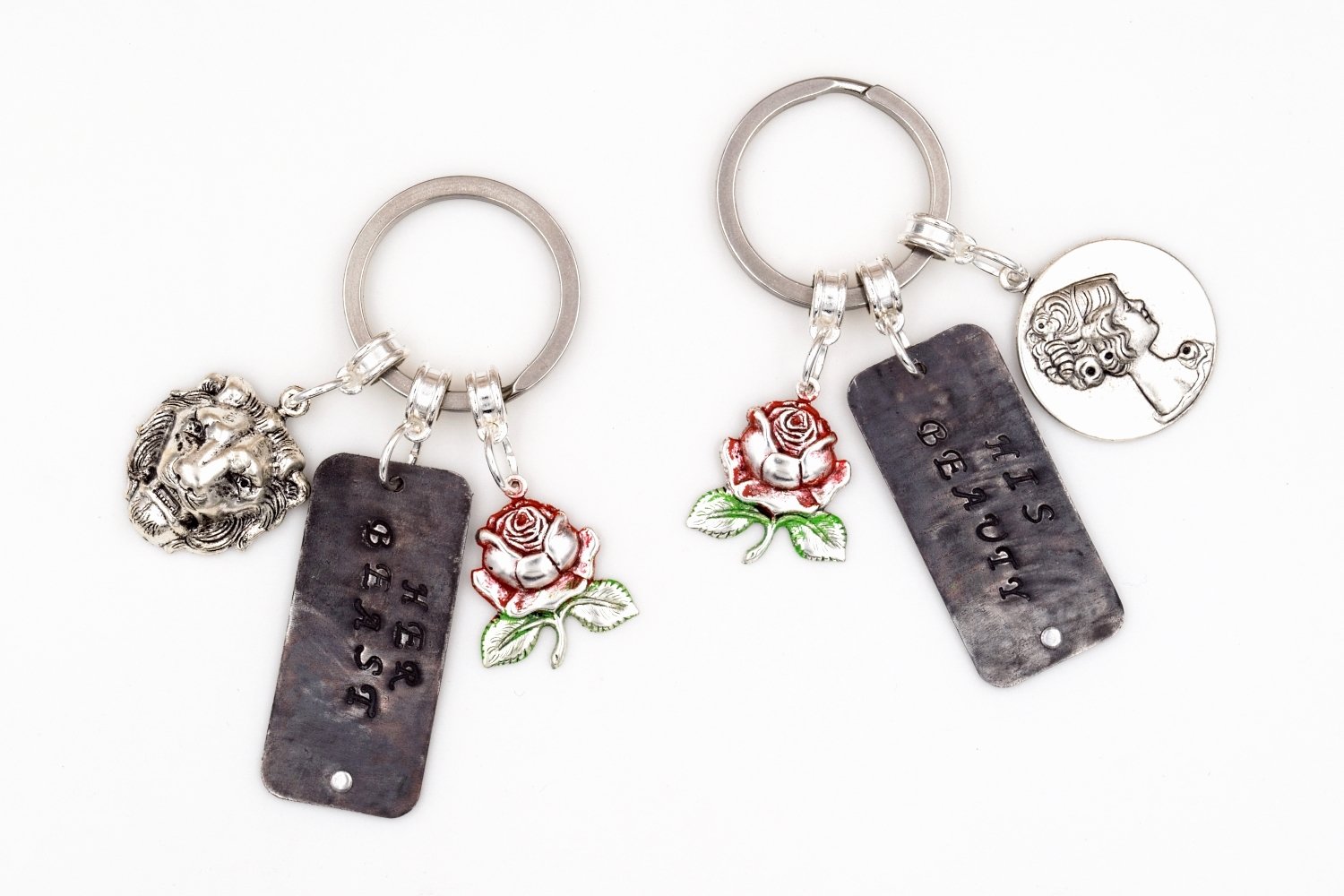 His Beauty Her Beast Beauty & the Beast Couples Keychains (Hand Stamped, Silver Plated, Fairy Tale Keychain) fripparie