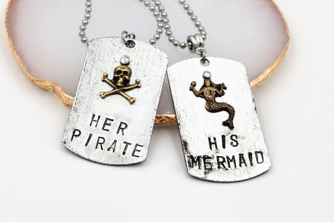 His Mermaid Her Pirate Couples Necklaces (Stainless Steel Ball Chain, Lobster Claw Clasp) fripparie