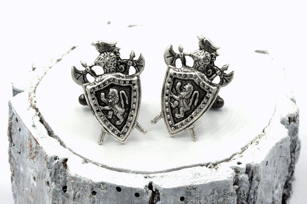 Medieval Knight Shield Cufflinks with Rampant Lion Coat of Arms (Antique Brass or Silver Plated, Men's Accessory) fripparie