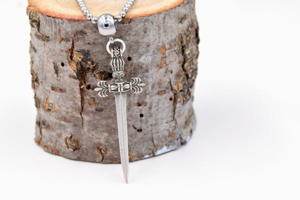 Medieval Sword Necklace (Silver Plated Brass with Stainless Steel Ball Chain, Men's) fripparie