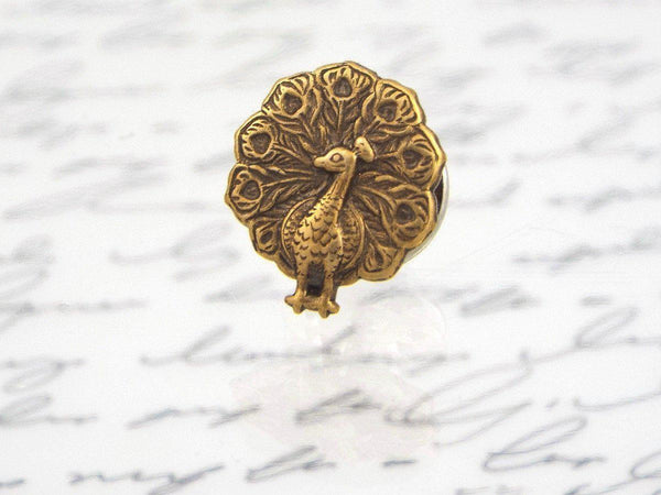 Peacock Tie Tack (Antiqued Brass or Silver Plated, Men's Accessory) fripparie