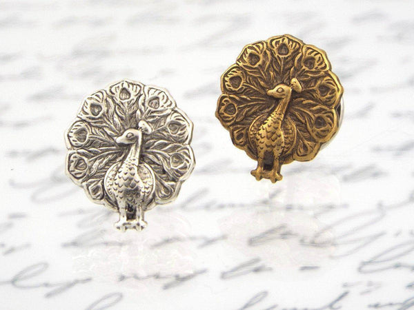 Peacock Tie Tack (Antiqued Brass or Silver Plated, Men's Accessory) fripparie