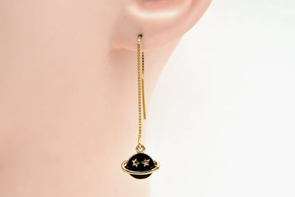 Planet Saturn Long Threader Earrings (Gold Plated with Gold Vermeil Ear Threads) fripparie