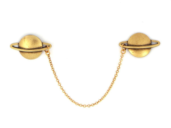Planet Saturn Sweater Clip Collar Pins (Silver or Brass, Celestial Jewelry) fripparie