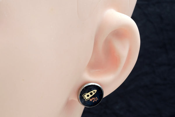 Sci-Fi Galaxy Space Earrings (Rocket, Saturn, UFO, Stainless Steel Posts, 1 Pair, Celestial Jewelry) fripparie