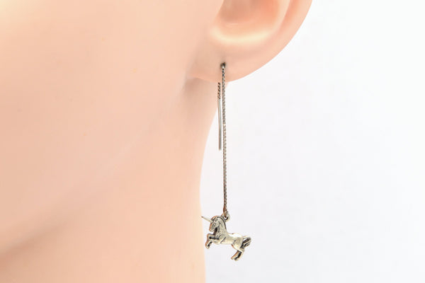 Unicorn Threader Earrings (Sterling Silver Ear Threads with Silver Plated Unicorns, Fantasy Jewelry) fripparie